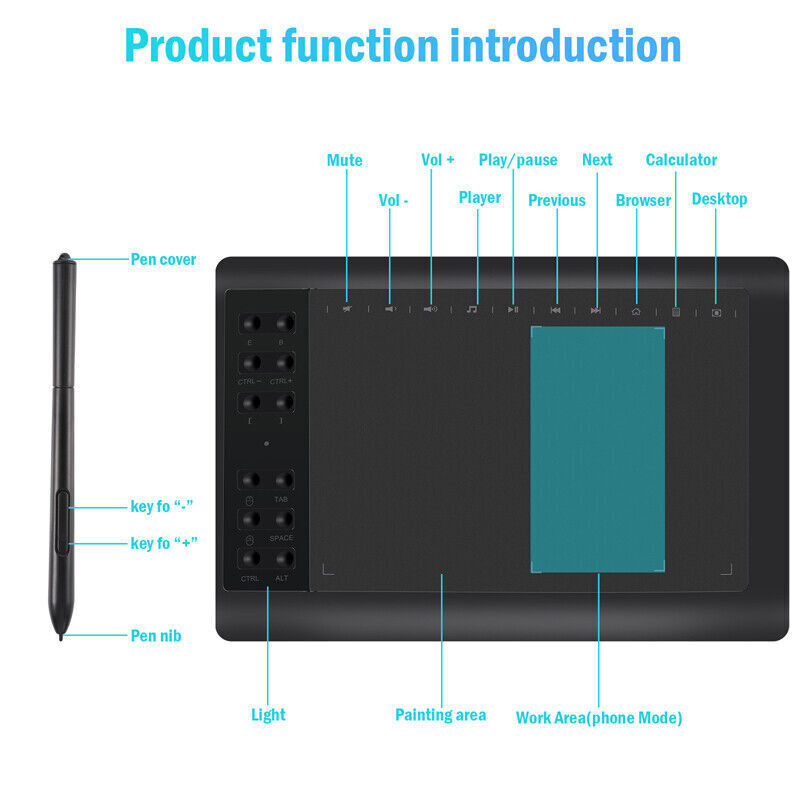 10x6 inch HD Graphics Tablet with Battery-free Pen