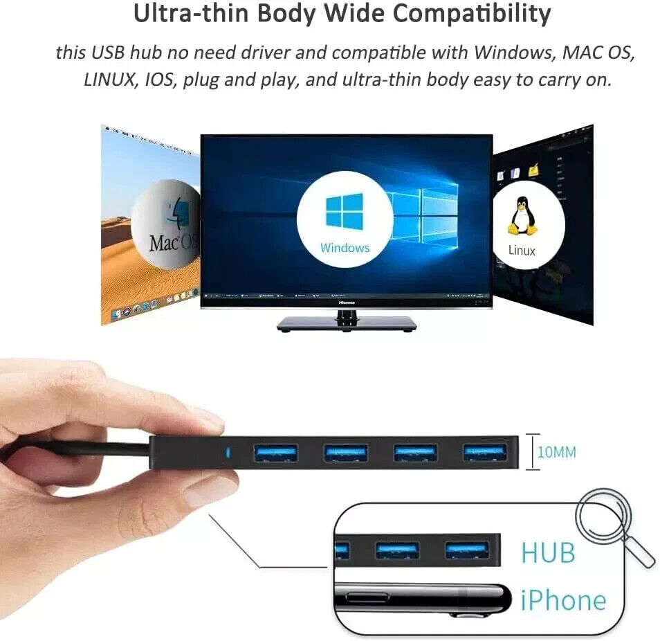 4-Port USB 3.0 Hub with Splitter and Expander for Enhanced Connectivity