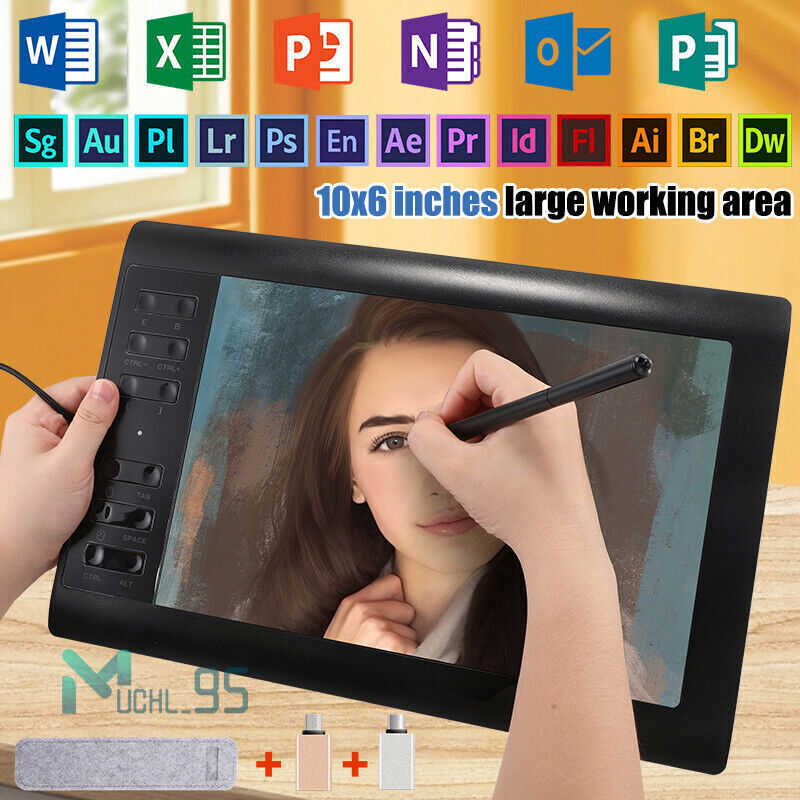 10x6 inch HD Graphics Tablet with Battery-free Pen