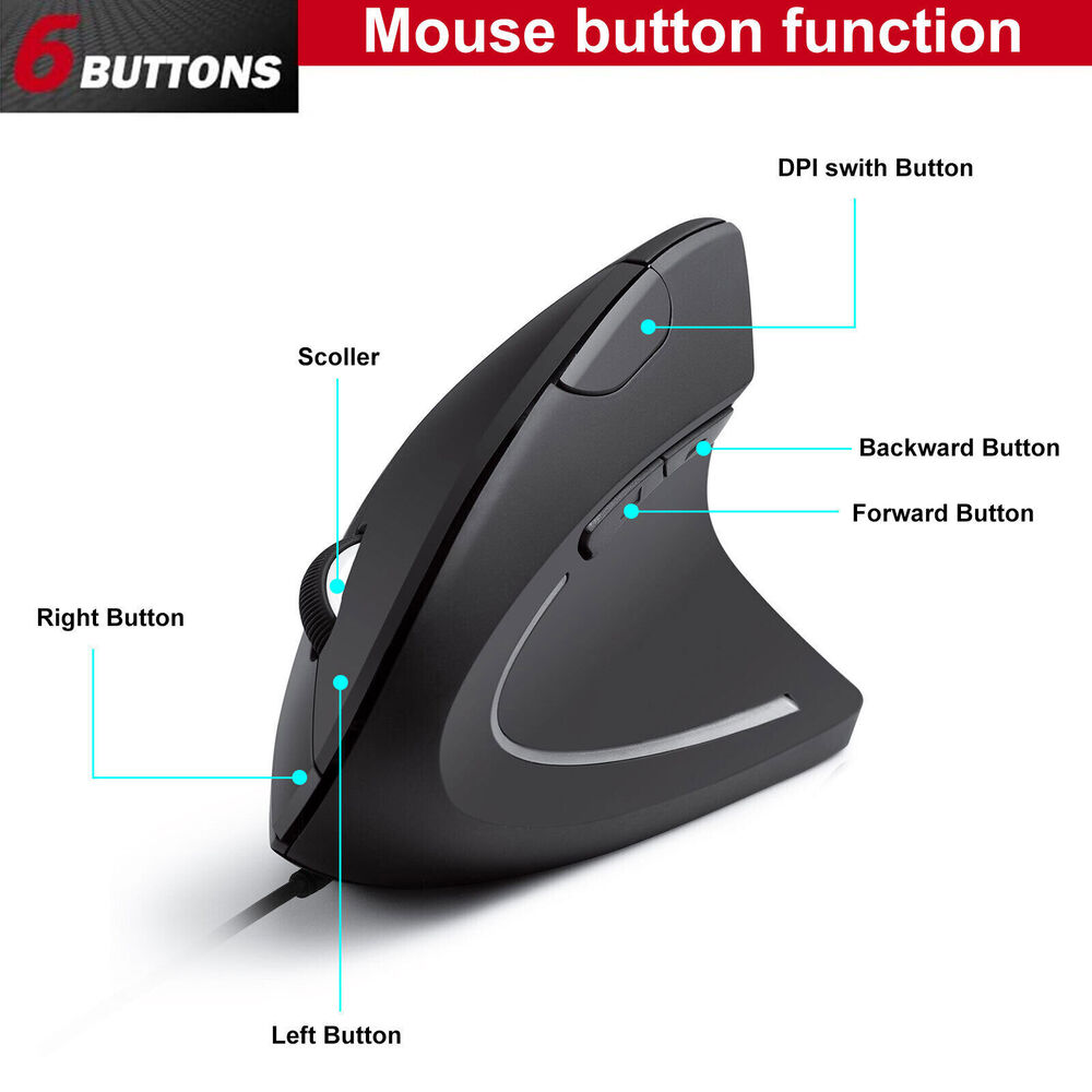 Ergonomic Vertical Optical Mouse with LED - 2400 DPI Wired USB for PC and Laptop