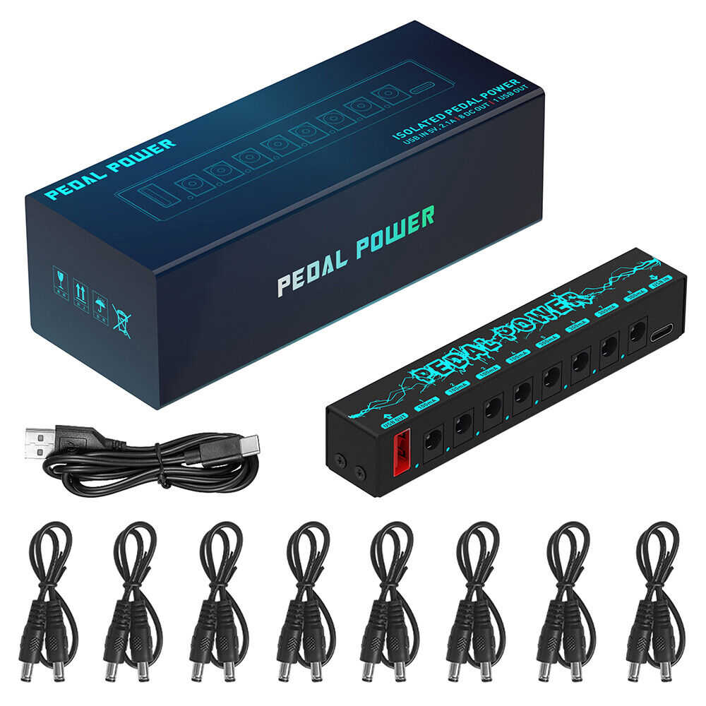 Premium 8-Output Guitar Pedal Power Supply with Isolated DC 9V and Audio Cable