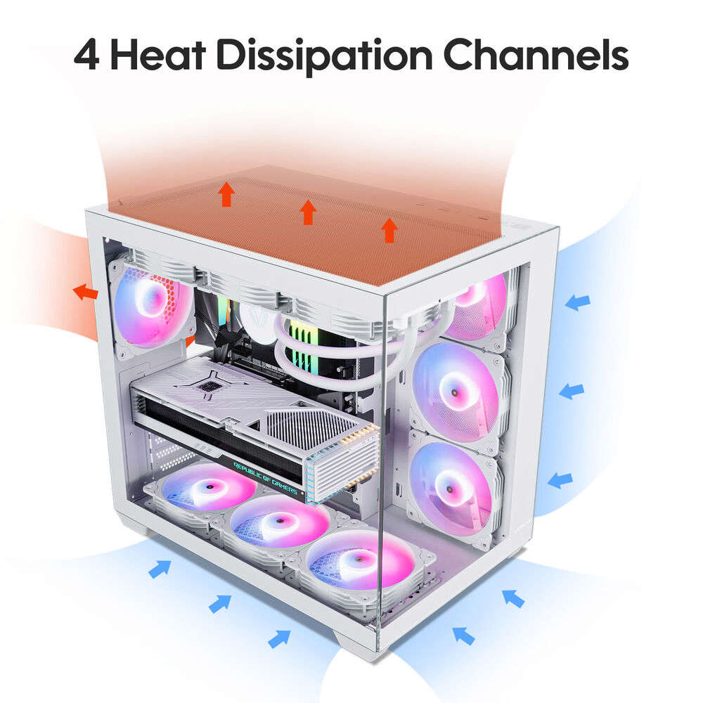 Vetroo AL900 White ATX Mid Tower PC Case with Tempered Glass and RGB Fans