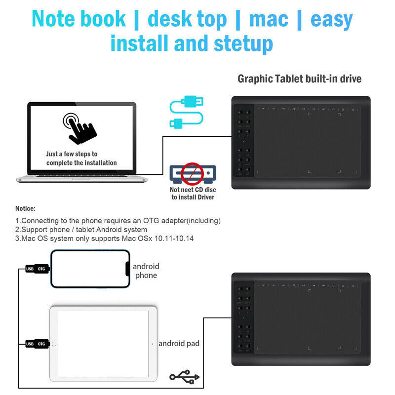 10x6 inch HD Graphics Tablet with Battery-free Pen