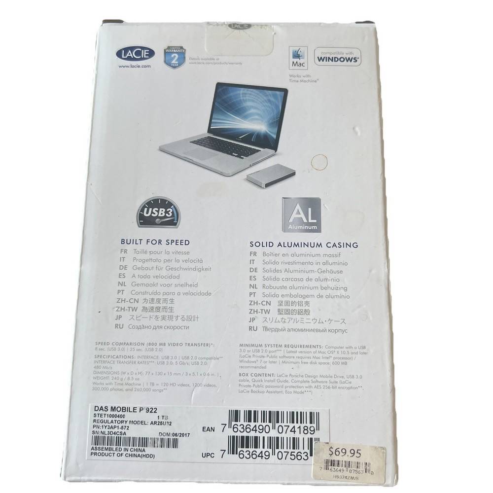 LaCie Porsche Design Mobile Drive 1TB USB-3.0/2.0 External Hard Drive