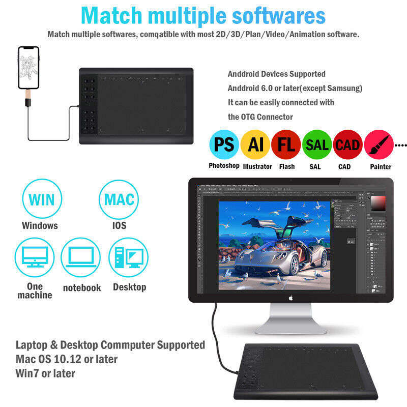 10x6 inch HD Graphics Tablet with Battery-free Pen