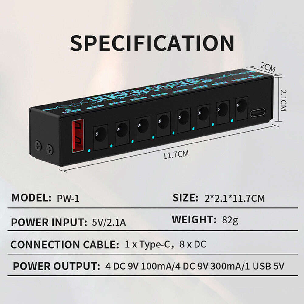 Premium 8-Output Guitar Pedal Power Supply with Isolated DC 9V and Audio Cable