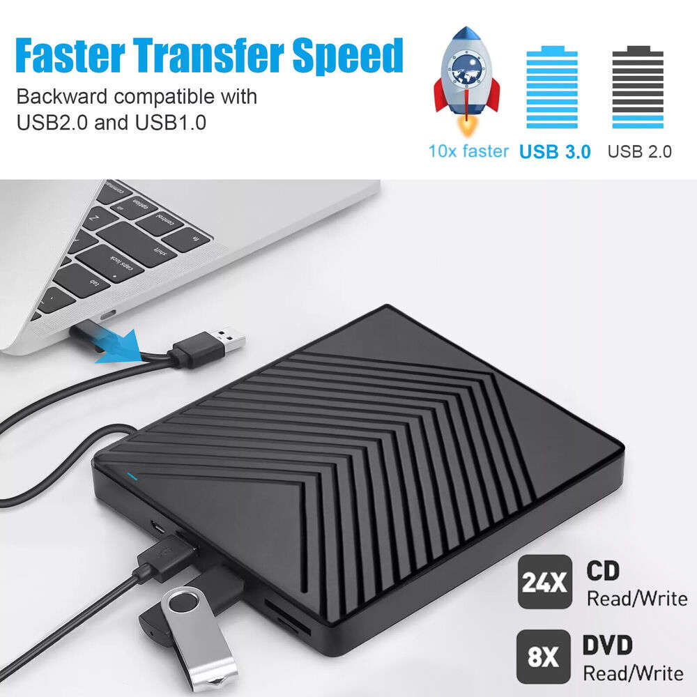 High-Speed USB 3.0 External CD/DVD Drive with Burner and Writer