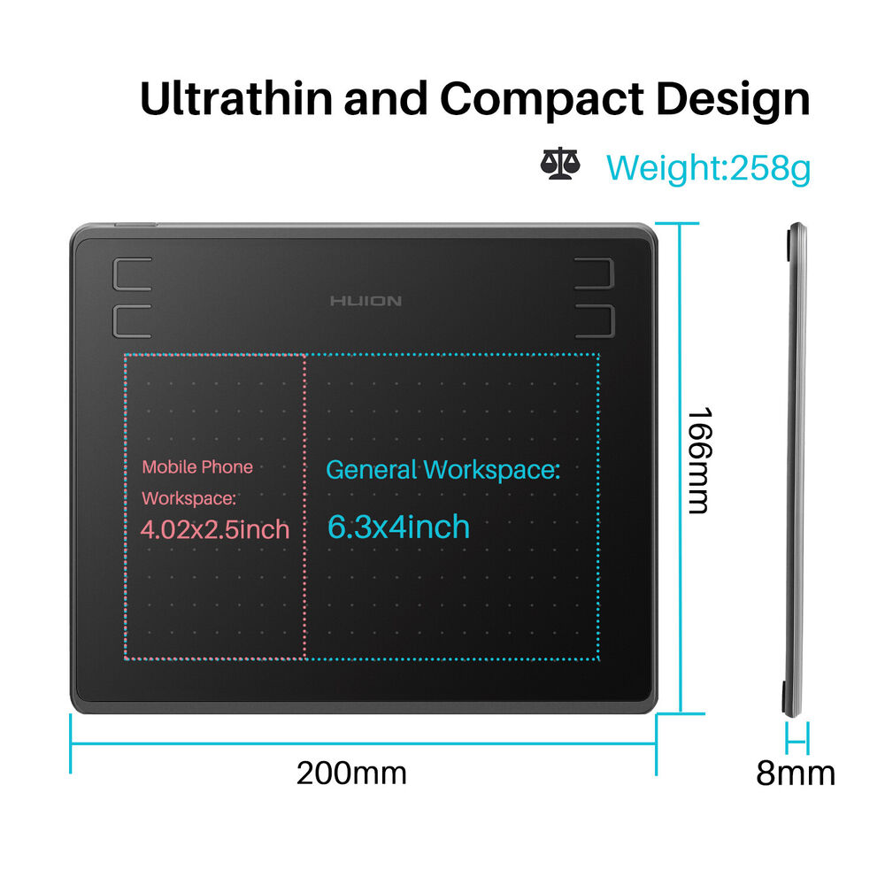 HUION HS64 Graphics Tablet - 8192 Levels of Pressure, Battery-Free, Compatible with Windows/macOS/Android