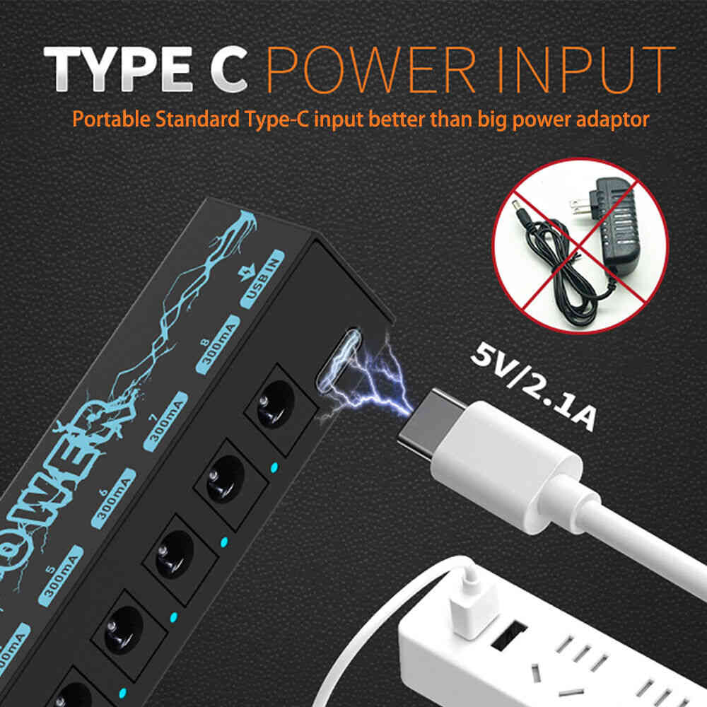 Premium 8-Output Guitar Pedal Power Supply with Isolated DC 9V and Audio Cable