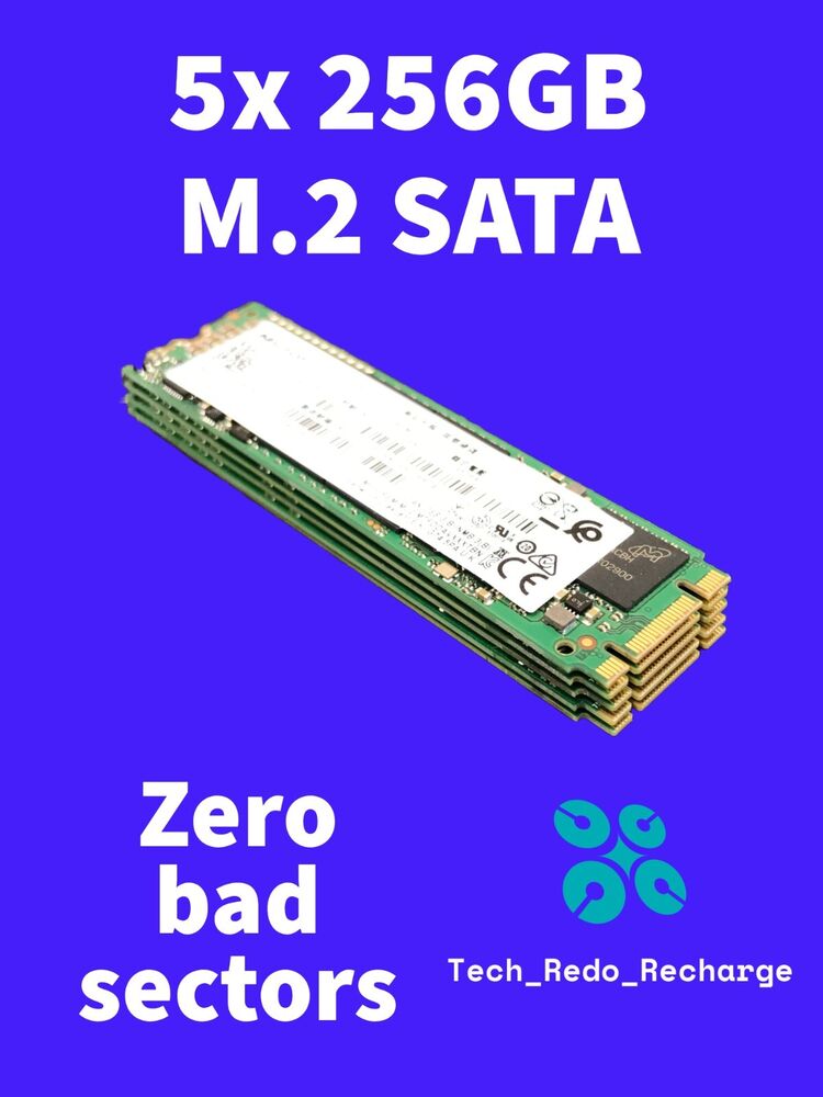 5x 256GB M.2 SATA SSD Hard Drives - Mixed Brands, Bulk Lot