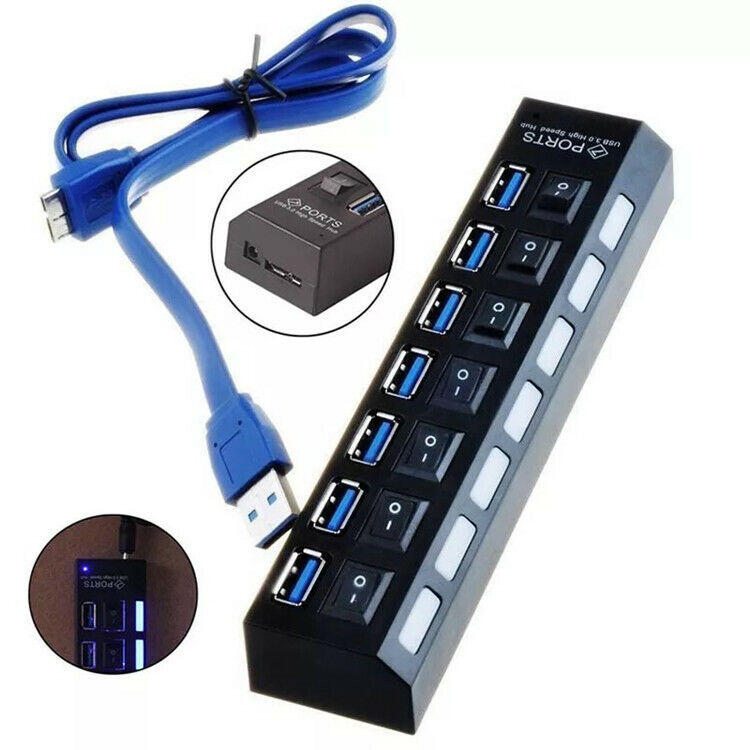 7-Port USB 3.0 Hub with Individual On/Off Switches and AC Adapter