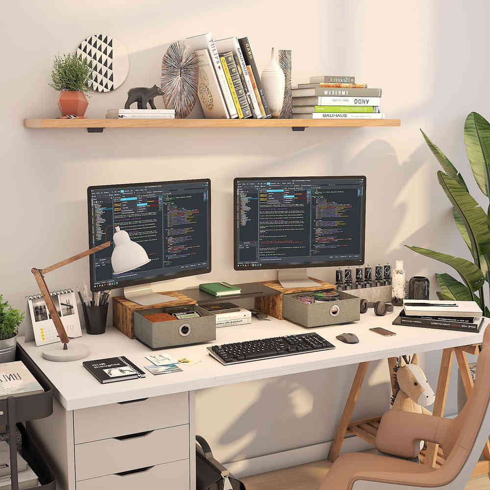 Dual Monitor Stand Riser with Two Drawers, Extra Large Storage for 2 Monitors