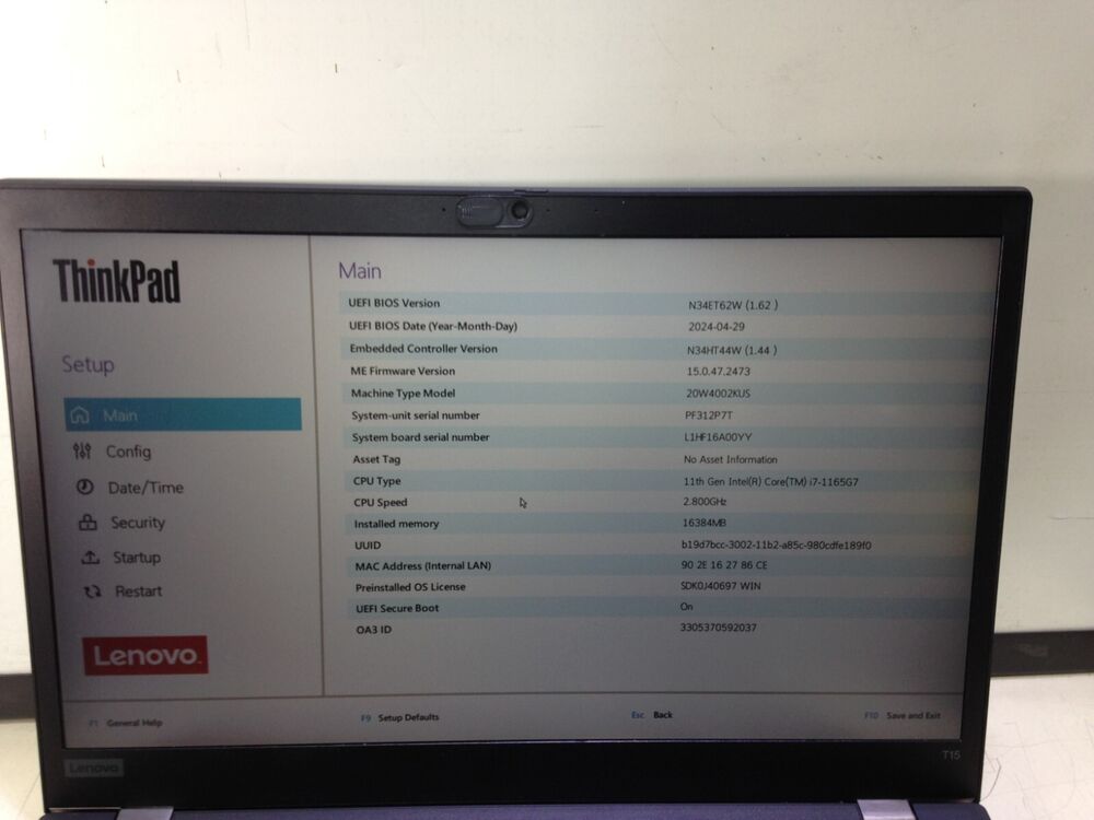 Lenovo ThinkPad T15 Gen 2 Laptop - Intel Core i7-1165G7, 16GB RAM, No SSD
