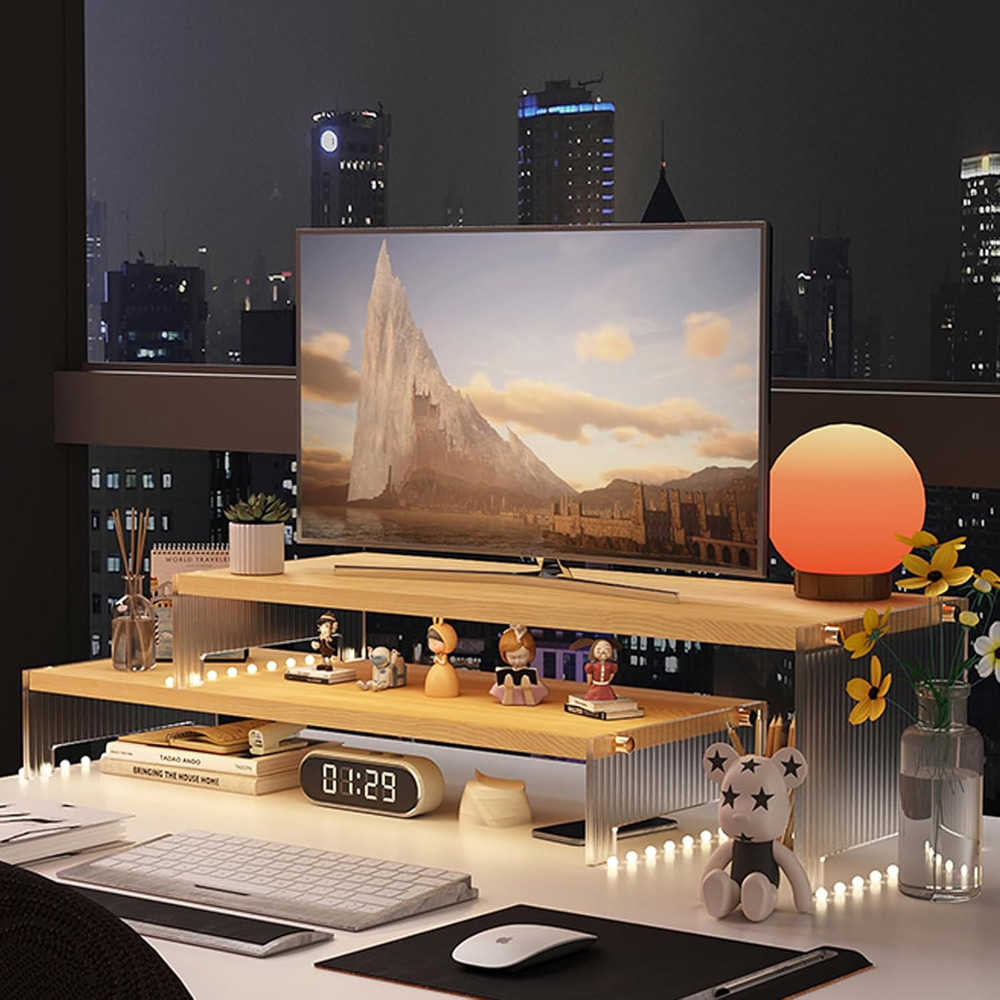 Wood Adjustable Monitor Riser for Desk with Acrylic 2-Tier Dual Monitor Stand