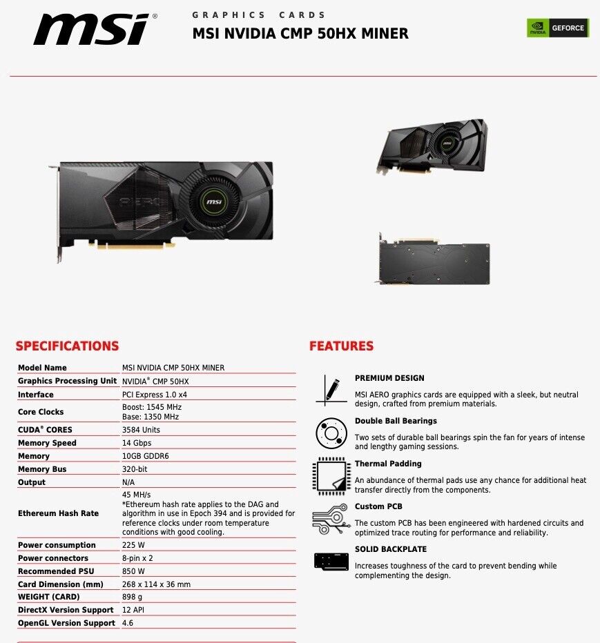 MSI NVIDIA CMP 50HX MINER 10GB GDDR6 Graphics Card