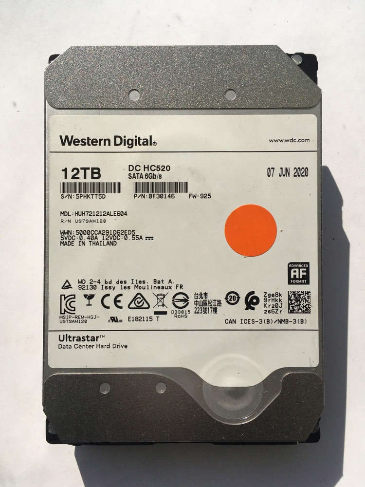 WESTERN DIGITAL 12TB 7.2K RPM SATA HDD HUH721212ALE604 DC HC520