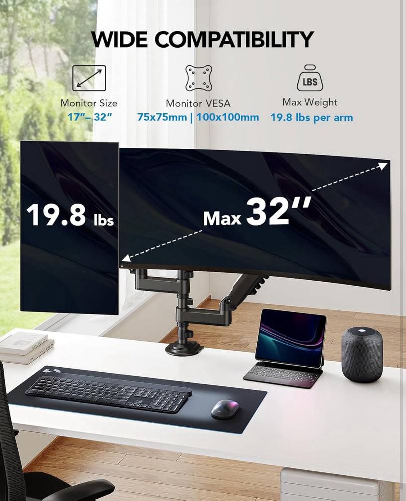 HUANUO 17-32 Inch Dual Monitor Stand with Gas Spring Mount