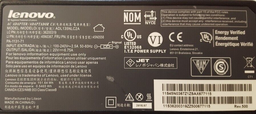 LENOVO ADL135NLC3A 20V 6.75A 135W Genuine Original AC Power Adapter Charger