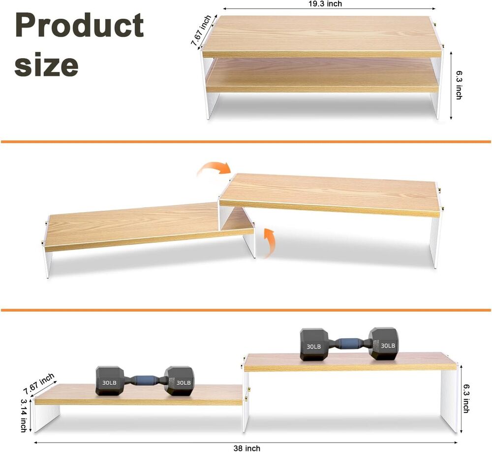 Wood Adjustable Monitor Riser for Desk with Acrylic 2-Tier Dual Monitor Stand