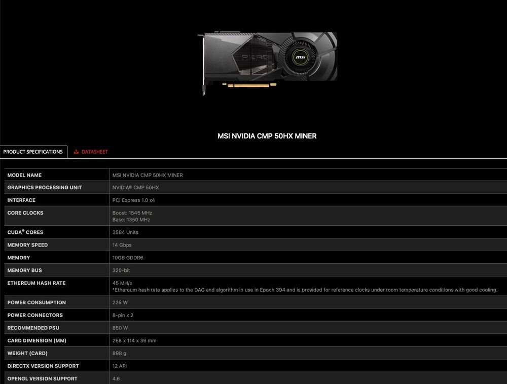 MSI NVIDIA CMP 50HX MINER 10GB GDDR6 Graphics Card