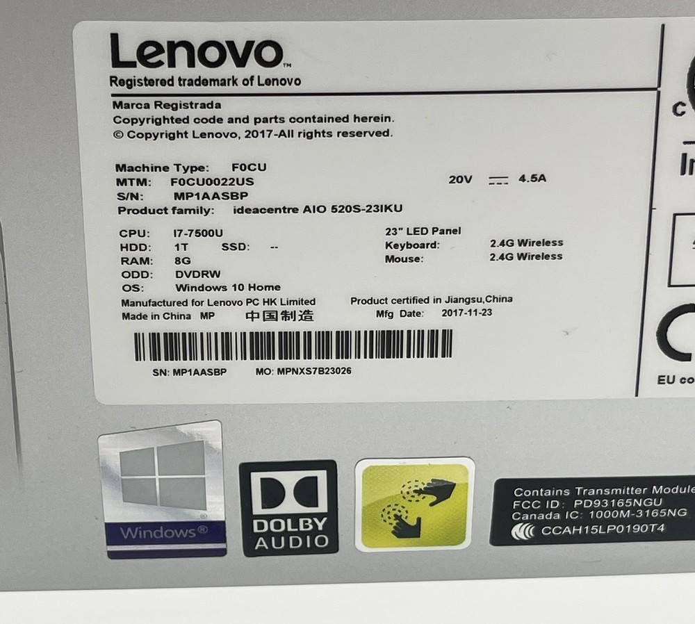 Lenovo Ideacentre AIO 520S-23IKU 23 PC with Intel i7-7500U 2.70GHz, 8GB RAM, 1TB HDD