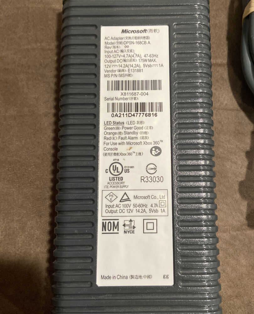 Official Microsoft Xbox 360 Fat Power Supply Cord Brick Adapter - Authentic