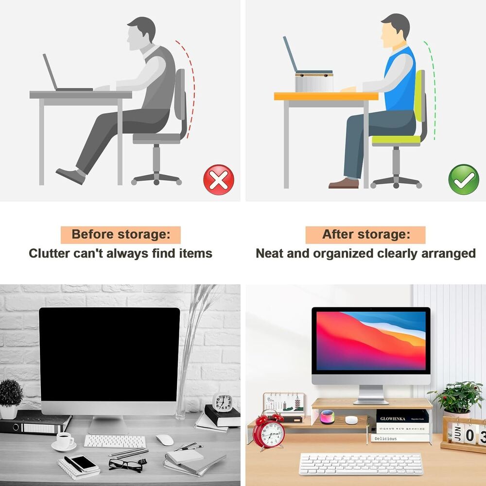 Wood Adjustable Monitor Riser for Desk with Acrylic 2-Tier Dual Monitor Stand