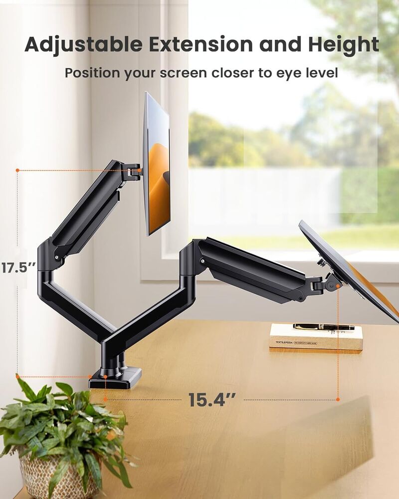 Dual Monitor Mount for 32-inch Screens, Gas Spring Adjustable Arms, Max 22 lbs Each