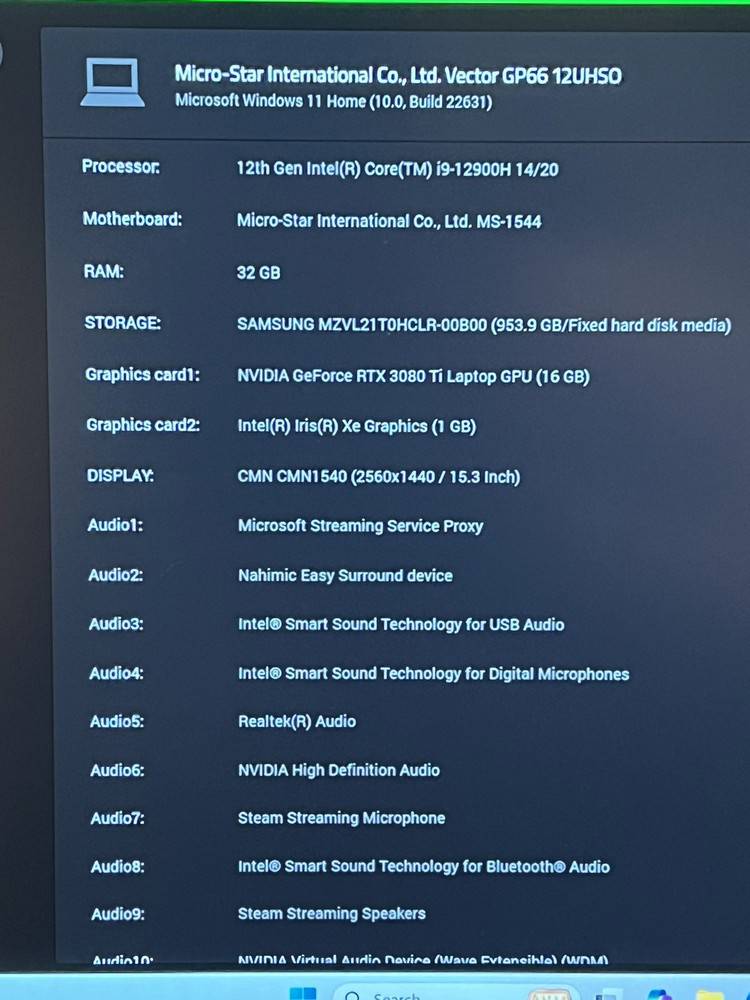 MSI Vector GP66 15.6” Gaming Laptop - Intel i9 12th Gen, 1TB SSD, 32GB RAM, RTX 3080Ti