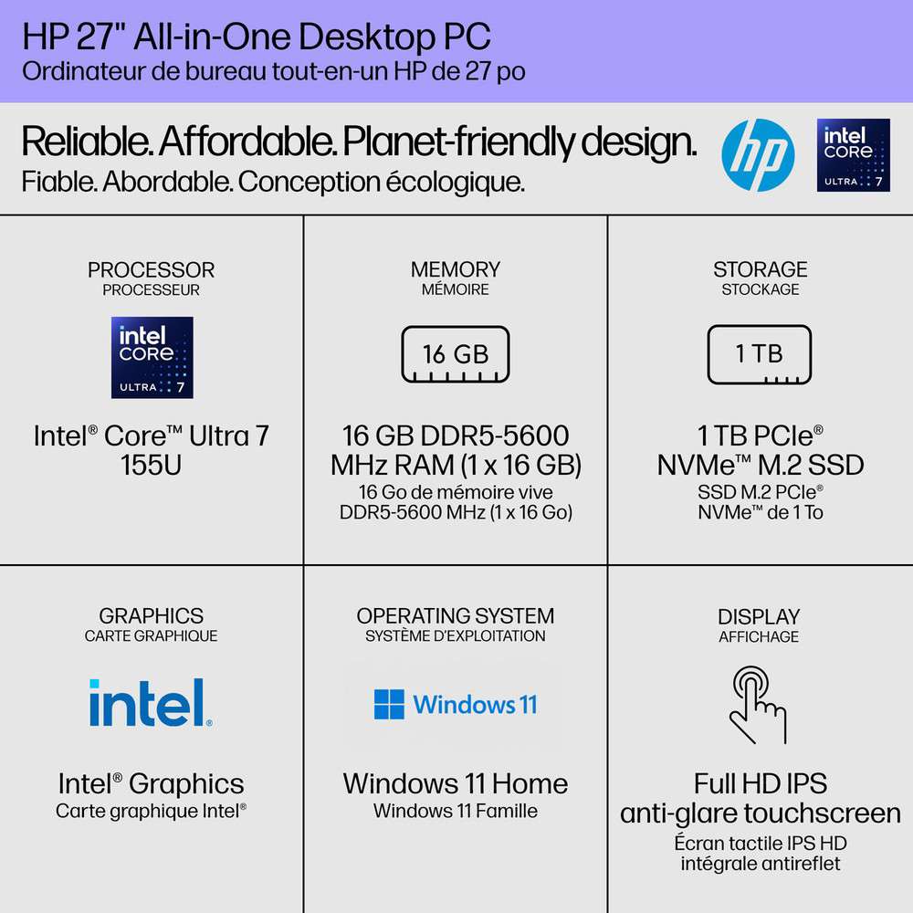 HP 27-CR00 27 FHD Touch All-in-One PC, AMD Ryzen 7 7730U, 16GB RAM, 1TB SSD, Windows 11 Home, White