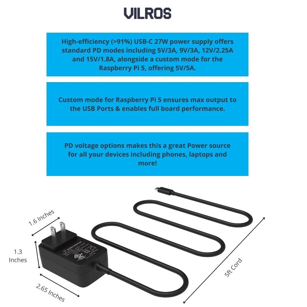 Vilros 27W -5V/5A USB-C Power Supply Compatible with Raspberry Pi 5