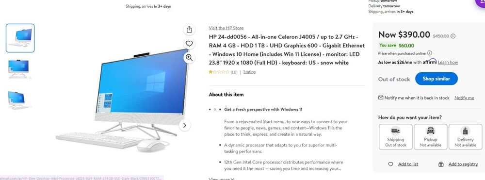 HP 24-DD0056 23.8 inch All-in-One Computer (1TB, Intel Celeron, 2.70GHz, 4GB)