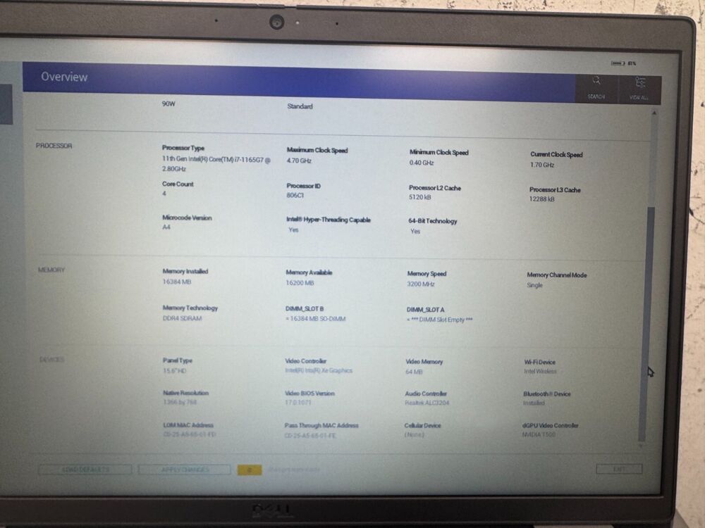 Dell Precision 3560 Laptop with 15.6 HD Display, Intel i7-1165G7, 16GB RAM, 256GB NVMe SSD, Nvidia T500