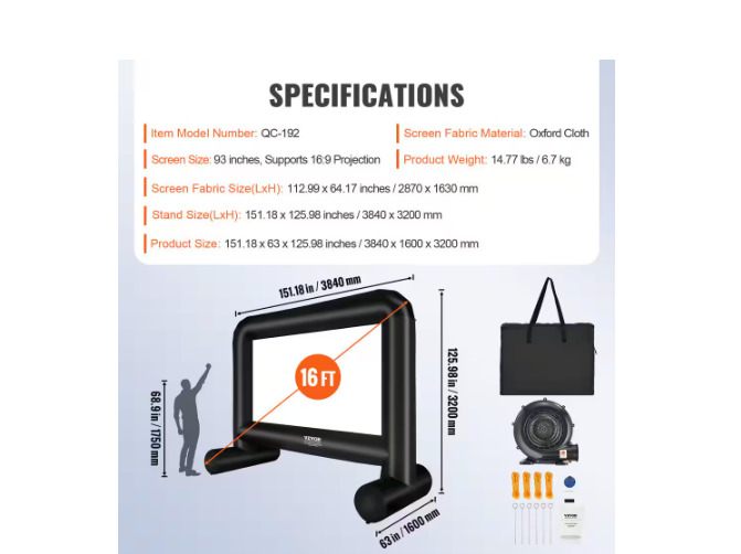 VEVOR 16 Inch Inflatable Projection Screen with Blower and Carrying Bag