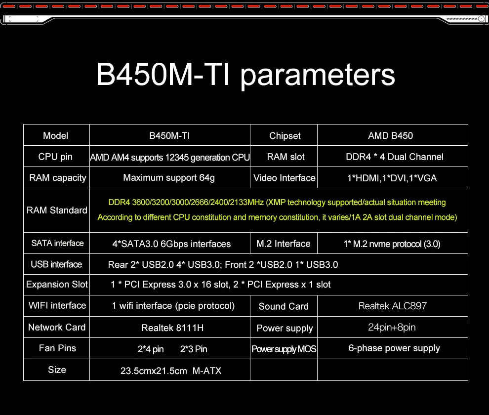 B450M TI Mainboard WiFi Motherboard AM4 AMD Ryzen 1st,2nd,3rd,4th,5th Generation