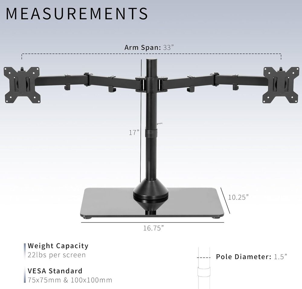 Sleek Glass Base Dual Monitor Stand with Adjustable Arms