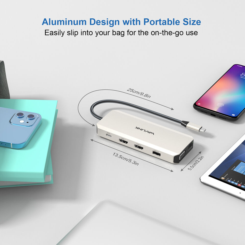 USB C Hub Triple Display Laptop Docking Station with Dual 4K HDMI and VGA Adapter