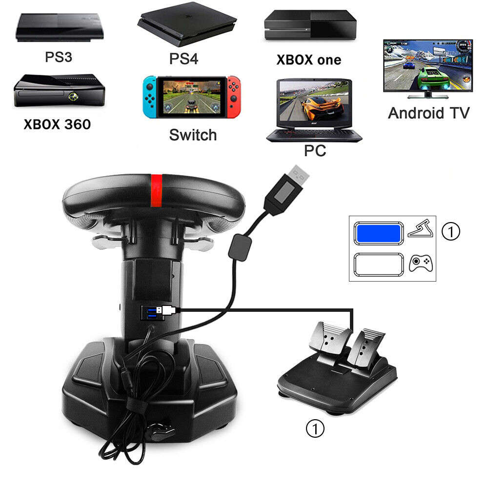 Universal Game Controller Steering Wheel with Accelerator Pedal for PC, PS3, PS4, Switch, and Android