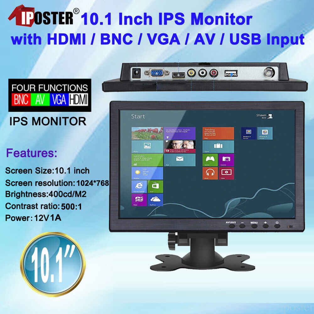 10 Inch Portable LCD Monitor with AV, VGA, and HDMI Inputs for PC and DSLR