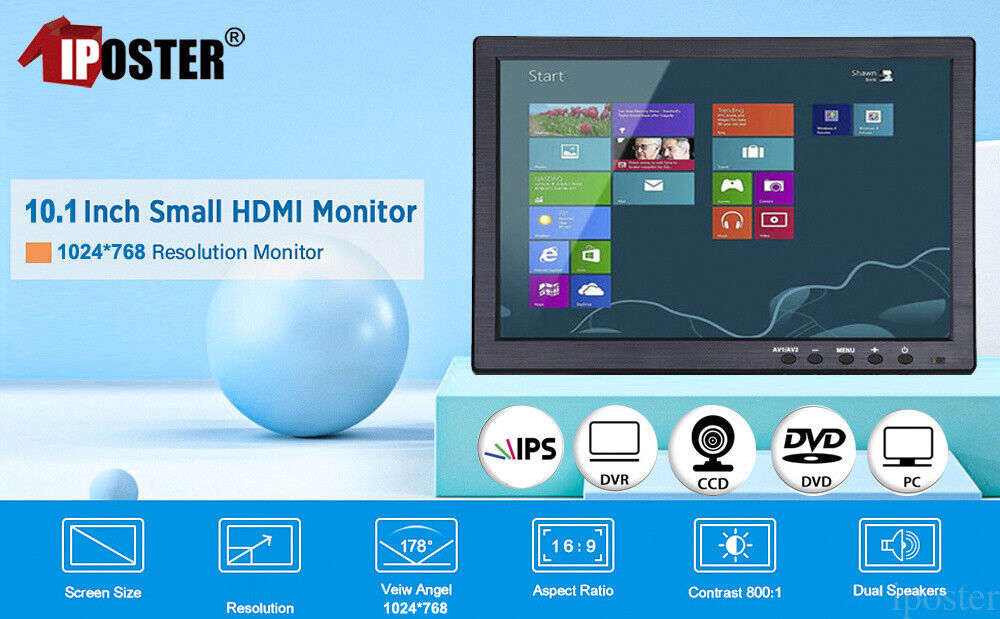 10 Inch Portable LCD Monitor with AV, VGA, and HDMI Inputs for PC and DSLR