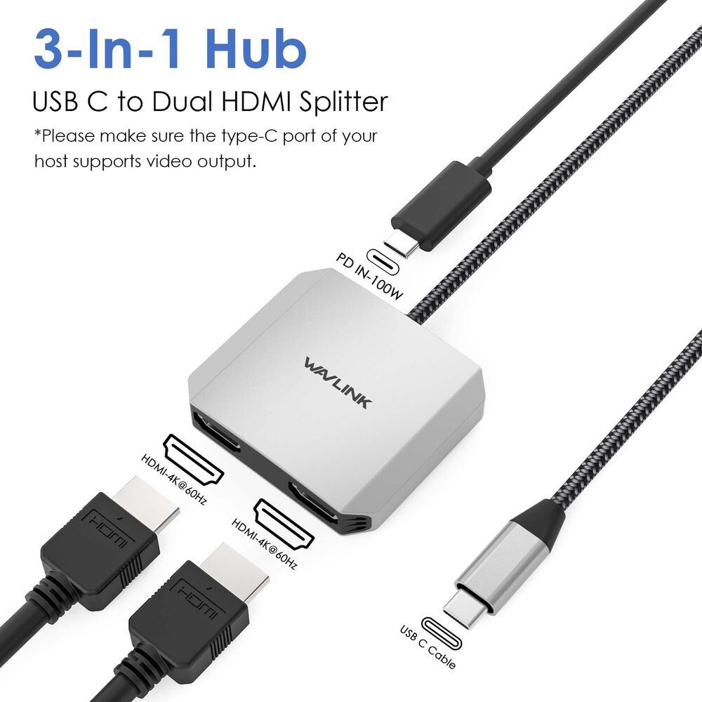 USB C to Dual HDMI Adapter 4K 60Hz with 87W Power Delivery