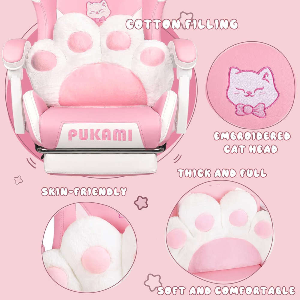 PUKAMI Pink Gaming Chair with Cat Ears and Cat Paw Lumbar Cushion