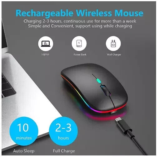 RGB LED Wireless Mouse Rechargeable Optical Silent Mice USB