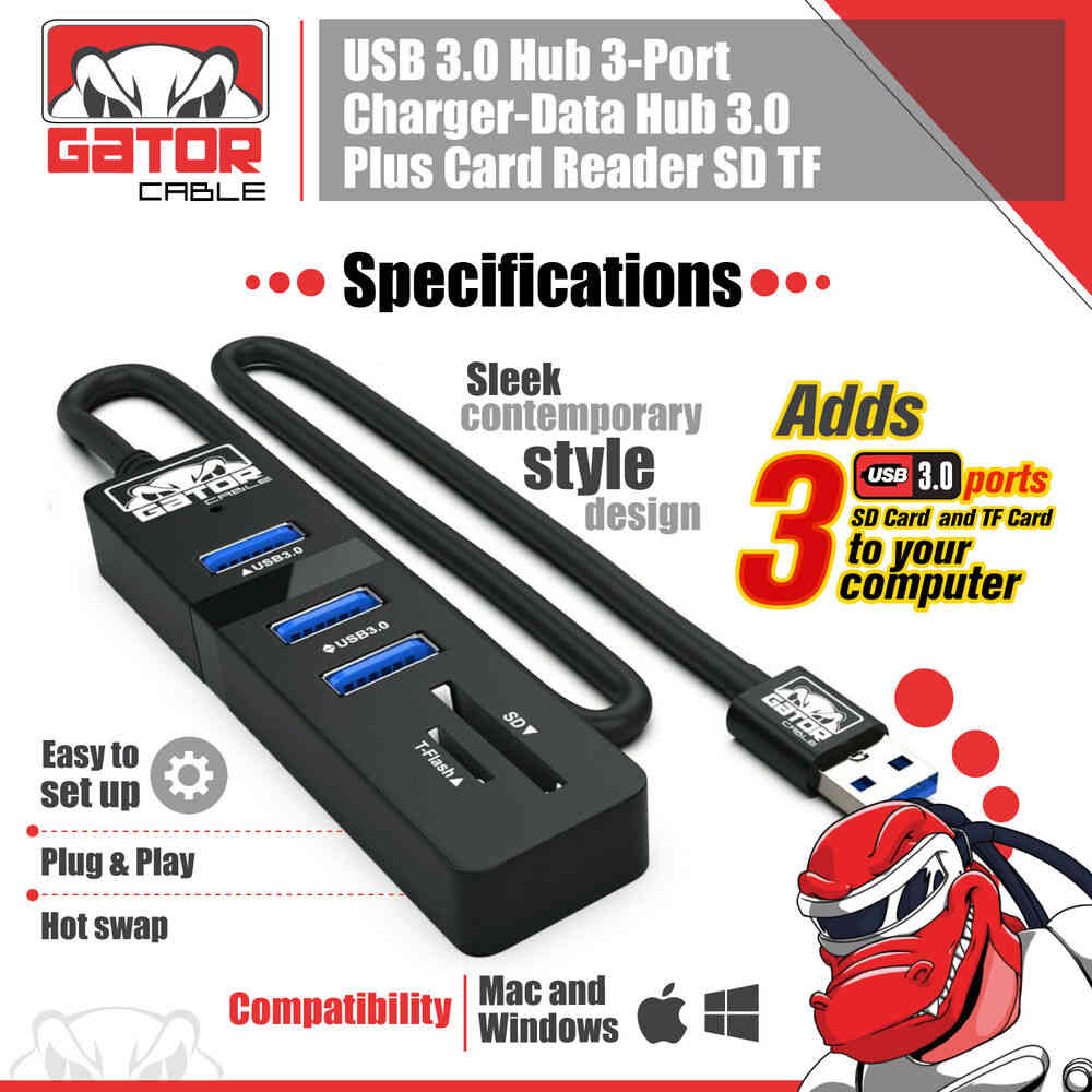 USB 3.0 HUB with 3-Port Charger, Data Sync, and SD/TF Card Reader