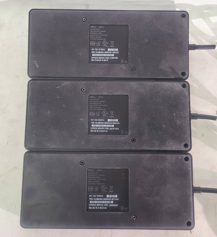 Lot of 3 Dell WD19 K20A USB-C 130W Docking Stations (No AC Adapters)