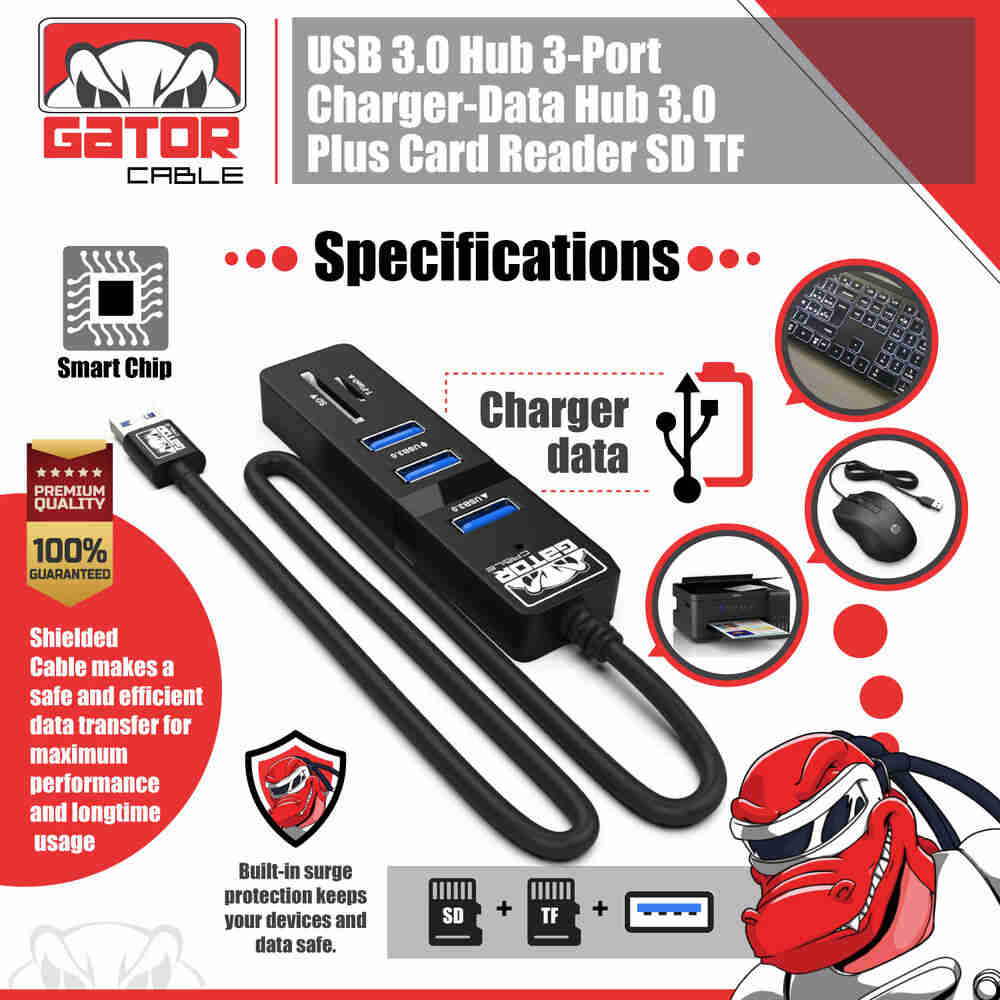 USB 3.0 HUB with 3-Port Charger, Data Sync, and SD/TF Card Reader