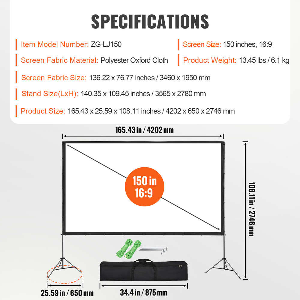 150 inch 16:9 4K 1080 HD Projector Screen with Stand