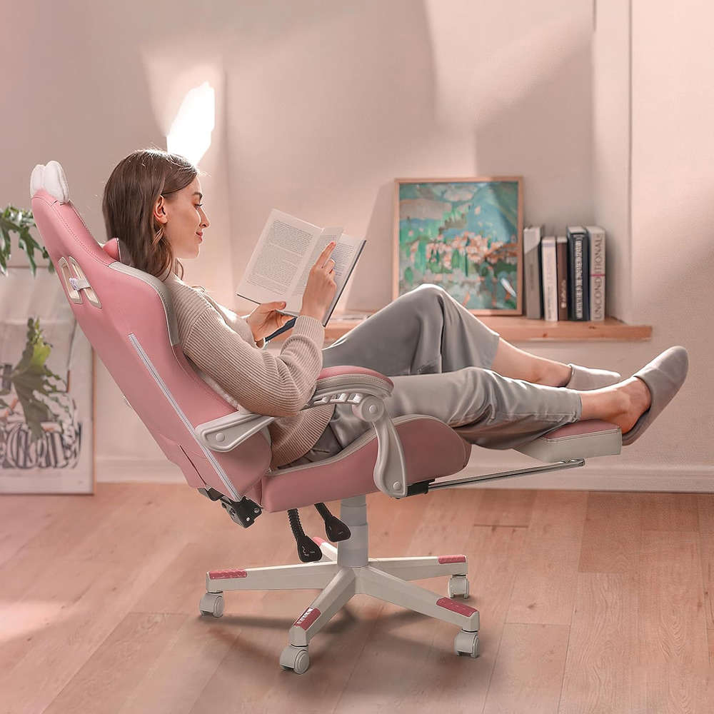 PUKAMI Pink Gaming Chair with Cat Ears and Cat Paw Lumbar Cushion