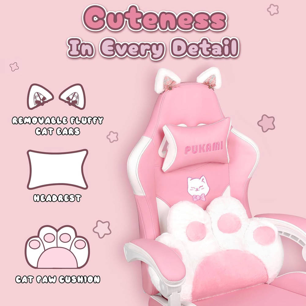 PUKAMI Pink Gaming Chair with Cat Ears and Cat Paw Lumbar Cushion