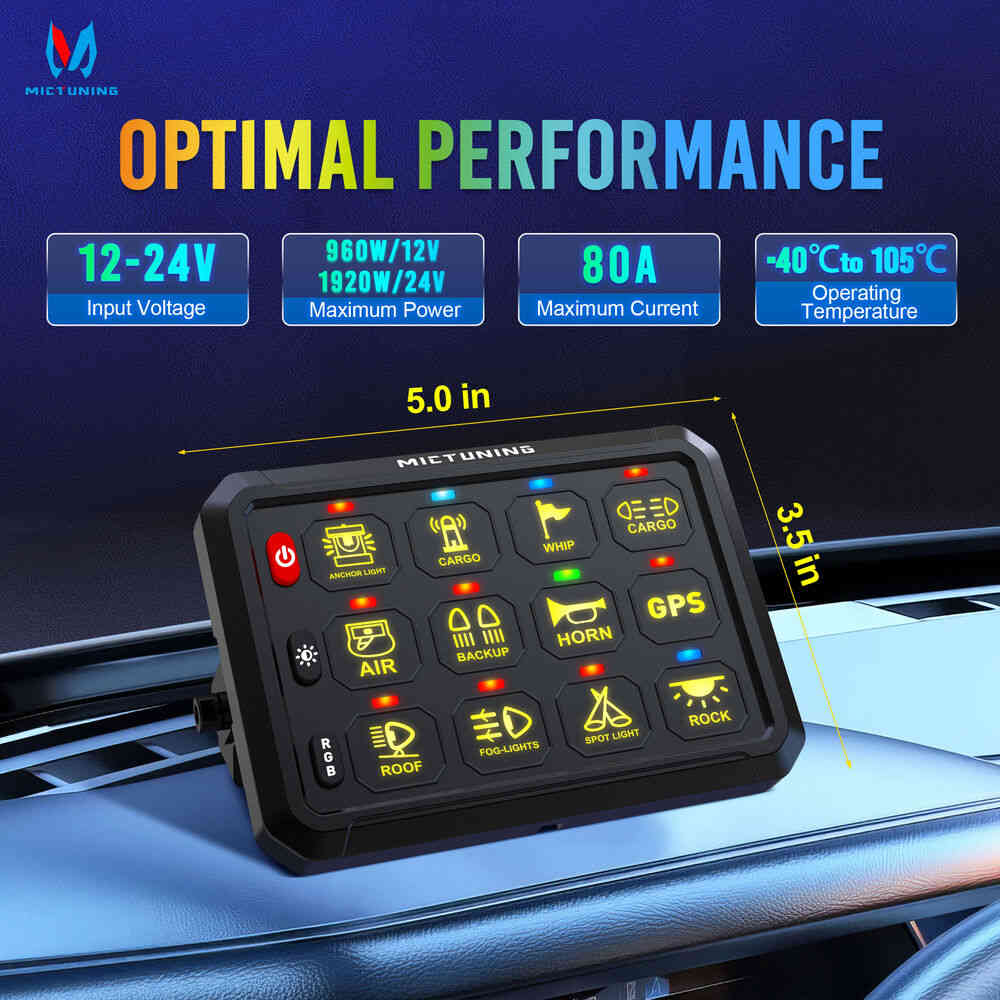 MICTUNING P1B RGB 12 Gang Switch Panel with Momentary Strobe Flash